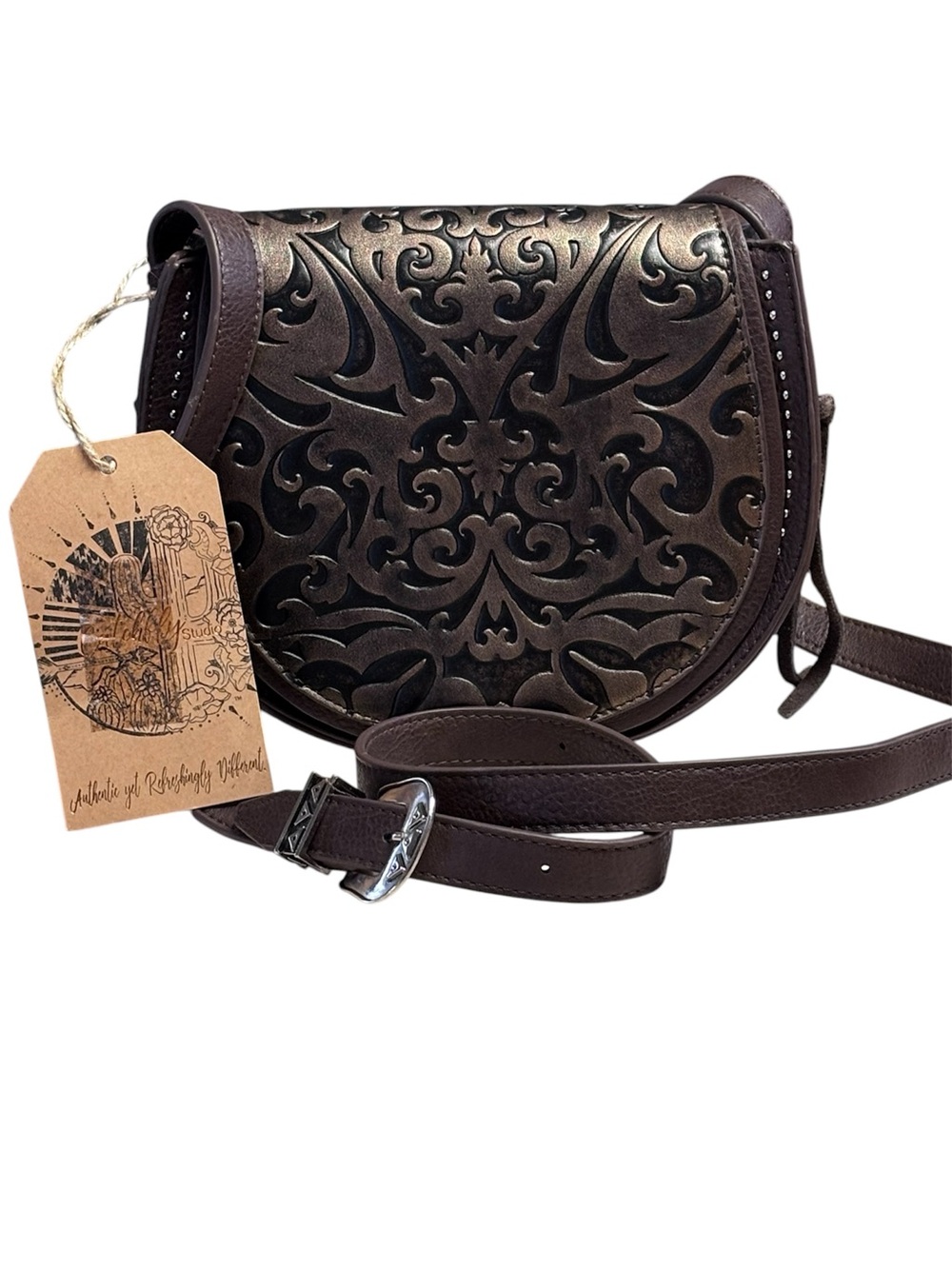 NWT Catchfly Studio Tooled Leather Artisan Western Crossbody Bag